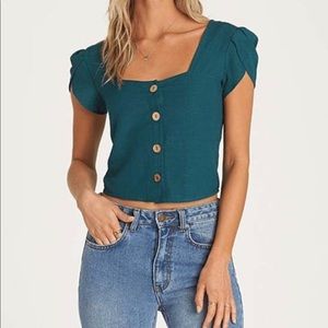 Billabong jade blue button up crop top